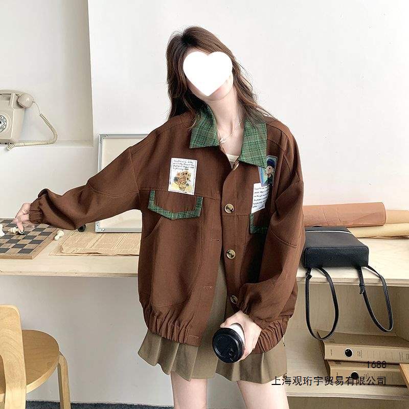 American retro color-blocked lapel short jacket for women, new spring 2026 design, boyfriend style, loose fit, super cute jacket.