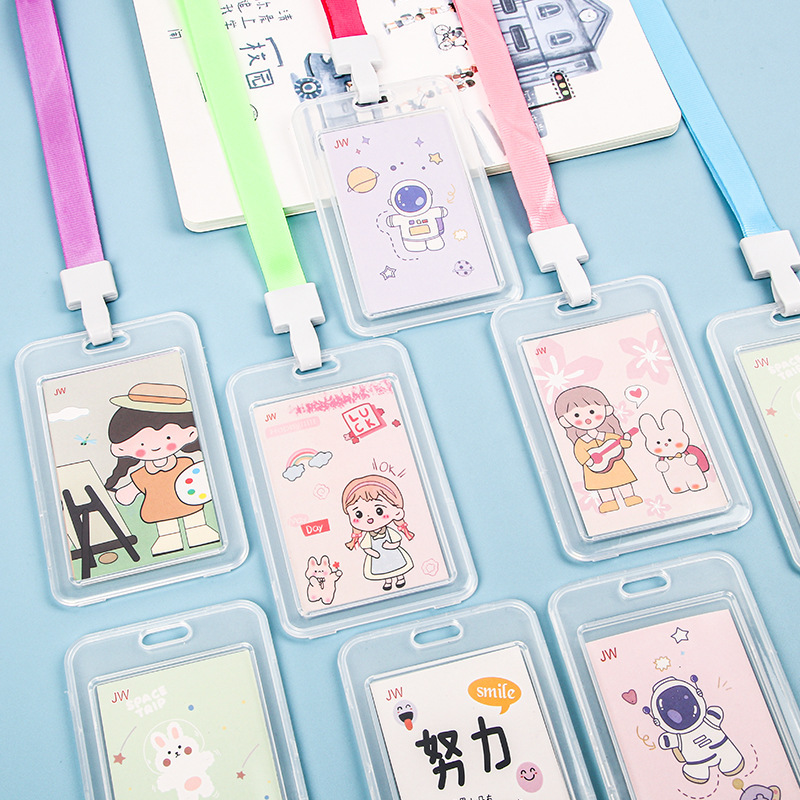 Student Cartoon Transparent Hard Card Holder Plastic Tag Id Holder Employee Work Badge with Lanyard Bus Card Holder Wholesale