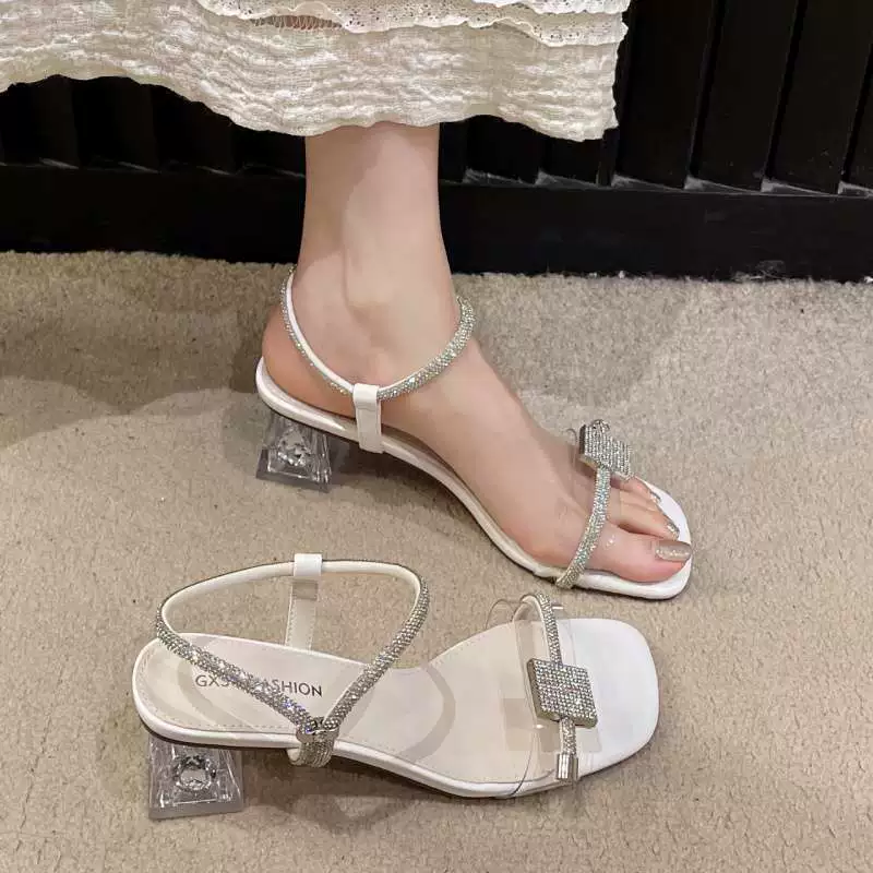 Женские босоножки на толстом каблуке с открытым носком и ремешками, стразы, французский стиль, лето 2025, новинка, вечерний стиль, нежные высокие каблуки