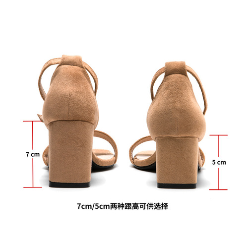 0751 High-heeled open-toe sandals for women 2024 summer new versatile suede one-word buckle straps medium heel thick heel women's shoes