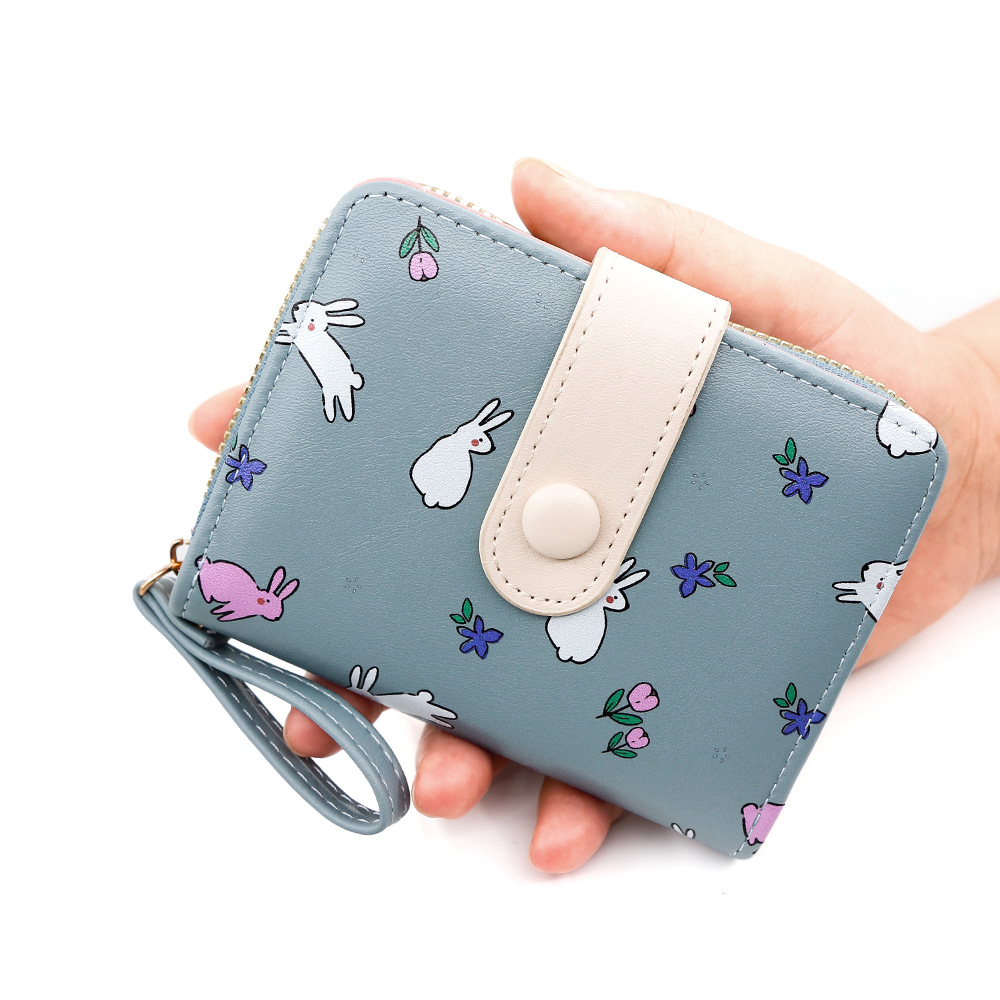 Cute conejo impresión billetera de mujer corta tarjeta de órgano hebilla bolso de cambio bolso de identificación con cremallera bolso de mano