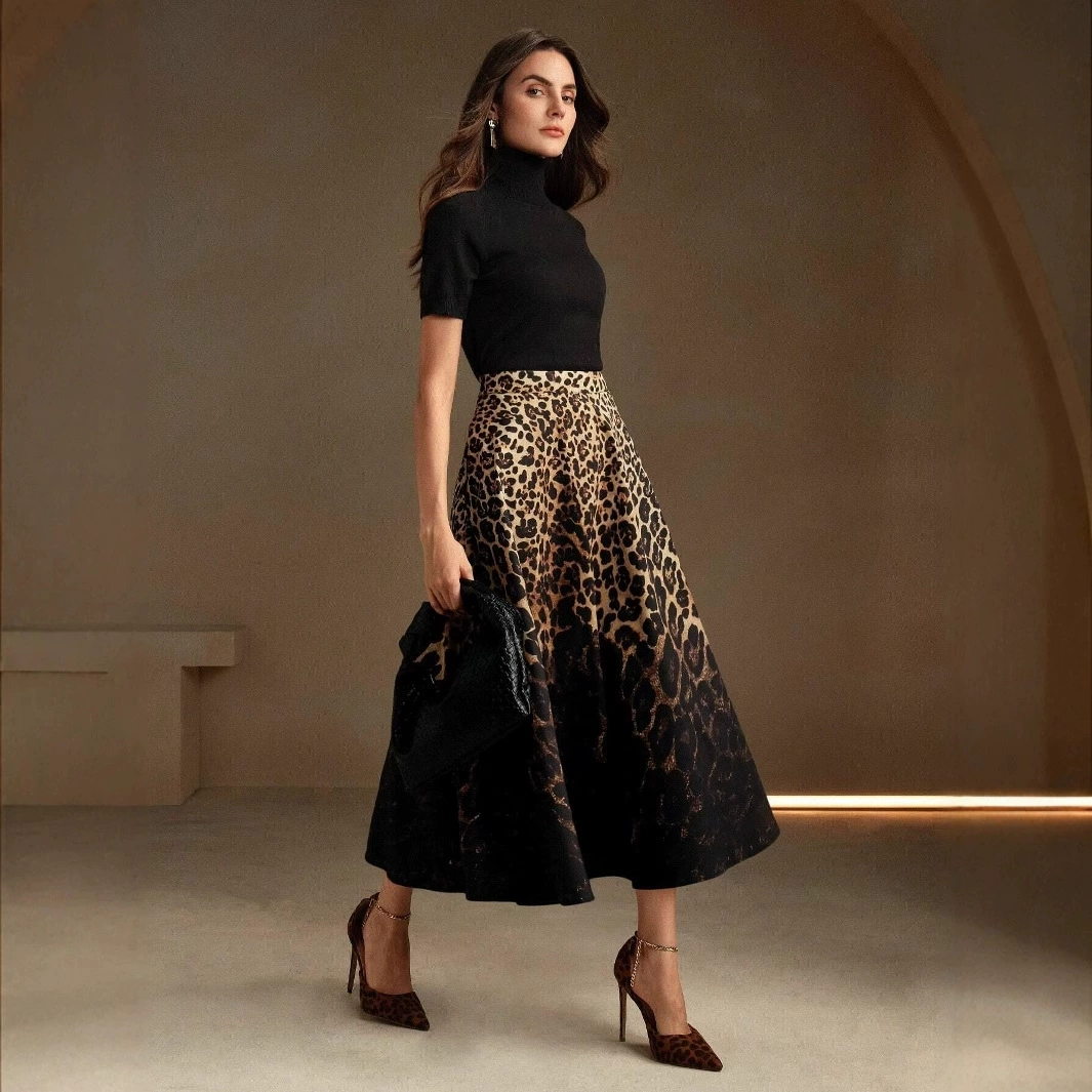 Юбка с леопардовым принтом, женская новая юбка средней длины, облегающая бедра, большой размер, утягивающая золотая бархатная юбка трапециевидной формы, осенне-зимняя длинная юбка