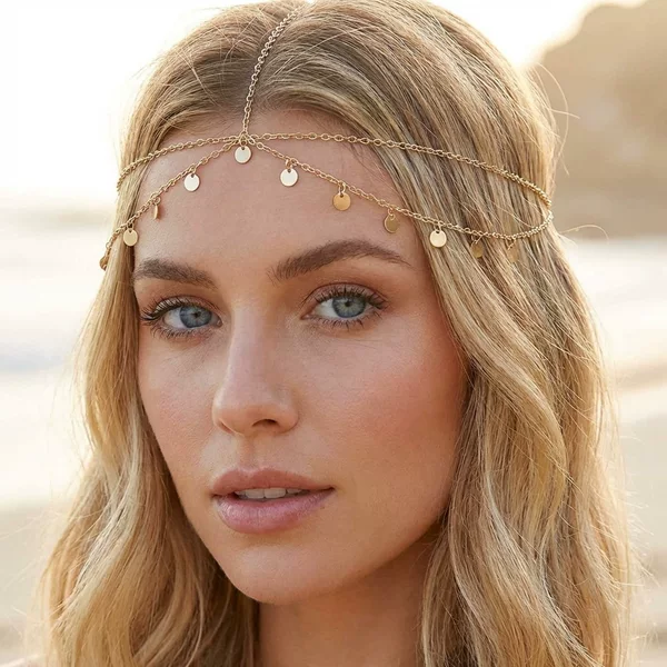 European and American New Bohemian Layered Hair Chain for Women, Wedding Accessories, Multi-Layered Personalized Tassel Sequin Head Chain for Women