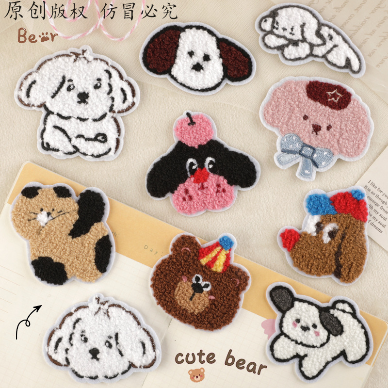 原创背胶补丁贴卡通毛巾绣动物服装辅料刺绣贴chenille patch布贴