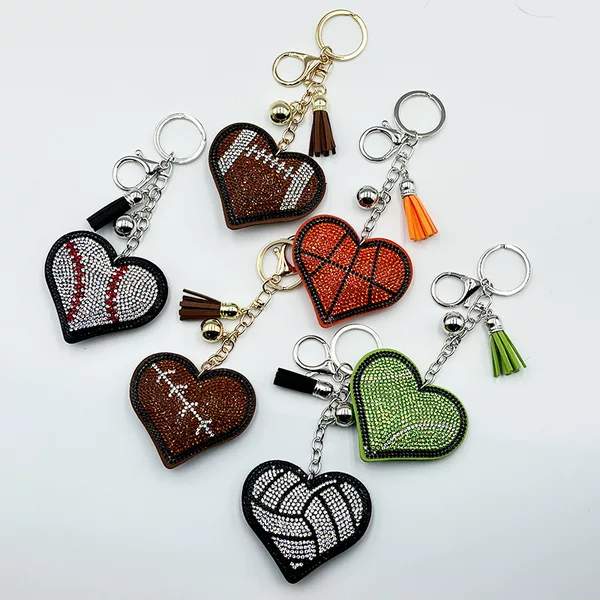 Hot-Selling Cross-Border Product: Rhinestone Heart Keychain, Sports-Themed Tassel Pendant, Car and Bag Accessory