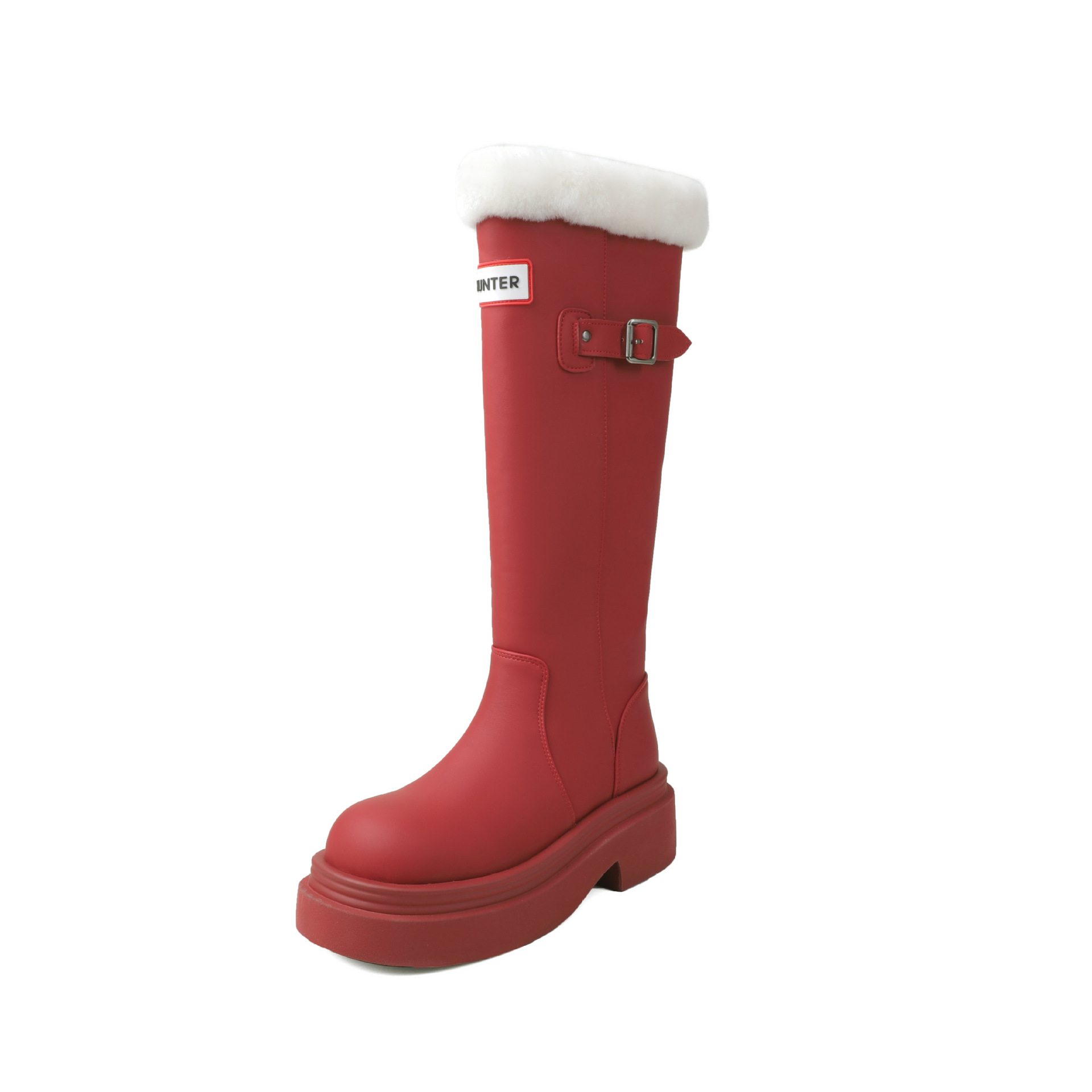 Boot nữ cổ cao ôm bắp chân lót lông cừu ấm áp đế dày da bò — màu đen