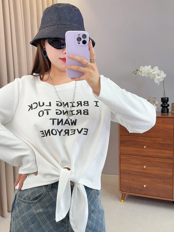 爱元2025秋季新款大码女装胖mm设计感字母印花长袖T恤W-232|undefined