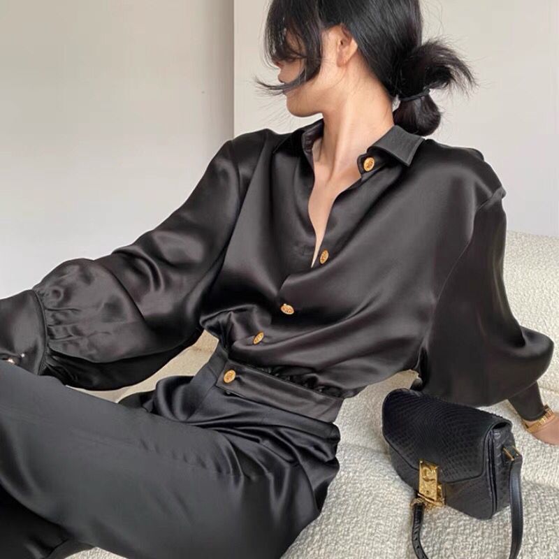 Shanli Dadi Acetate Silk Satin Black Shirt for Women, Retro Hong Kong Style Fashion Lantern Sleeve Top in Silver Gray
