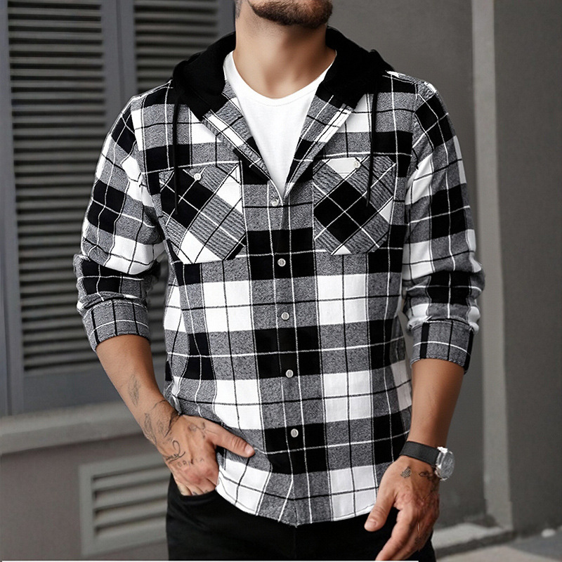 Amazon's Popular Flannel Men's Plaid Shirt, Flannel Hooded Plaid Shirt, Men's Long-Sleeved Shirt, Wholesale in Stock