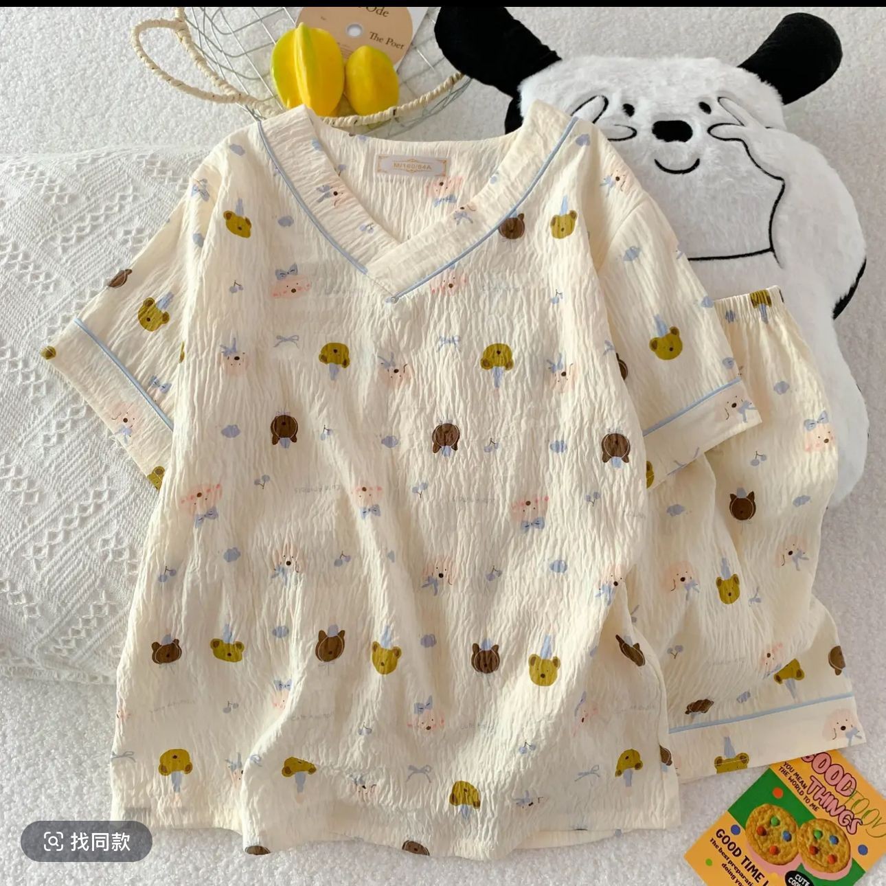 Comercio exterior transfronterizo lote pantalones cortos de manga corta nube pijamas de algodón verano dulce de dibujos animados de las mujeres suéter cuello en V dibujos animados servicio a domicilio