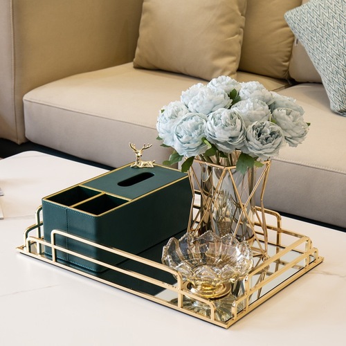 Scandinavian-style light luxury mirrored glass metal tray for home living room coffee table large storage tea tray for cups tea tray decorative piece
