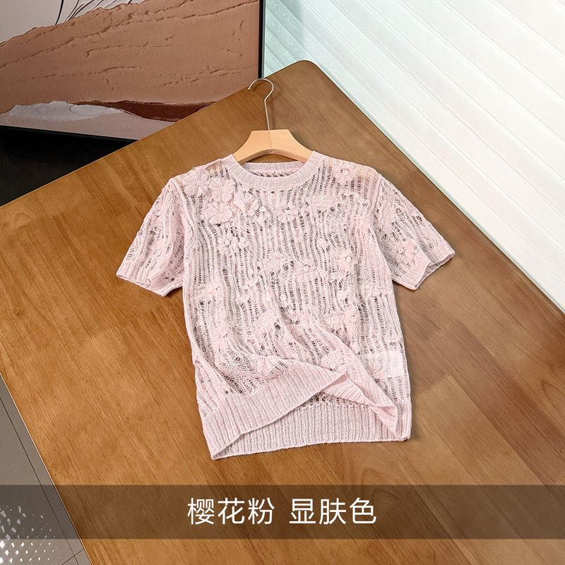 D Brand Silk Hollow-Out Heavy-Duty 3D Hand-Crocheted Floral Knit Short-Sleeve Women's Top in Cherry Blossom Pink Alpaca Wool