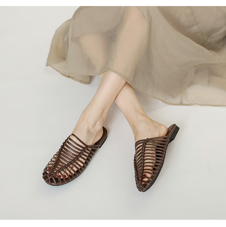 Hand-woven Open-toe Hollow Flat Mule Sandals For Summer Outdoor Wear, Lazy Slip-on Women's Shoes_vogvips.com