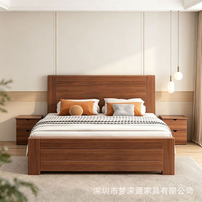 Modern minimalist walnut-colored solid wood high-box storage bed, master bedroom double bed with large capacity storage box, floor-standing large bed Modern minimalist walnut-colored solid wood high-box storage bed, master bedroom double bed with large capacity storage box, floor-standing large bed