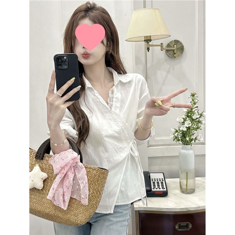 Irregular Lace-Trimmed Tie-Neck Shirt for Women, 2026 Korean Style Chic Youthful Blouse Top