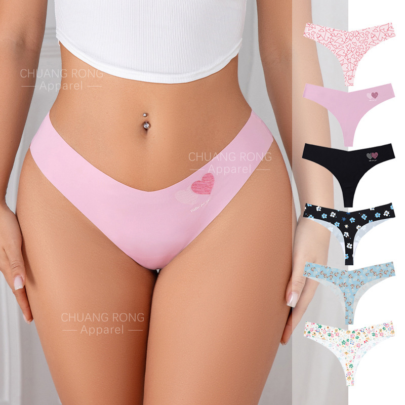 Printed Large Size Seamless Antibacterial T-String Underwear Breathable Ice Silk Briefs Skin-Friendly Naked Feeling Fitness European and American Underwear for Women