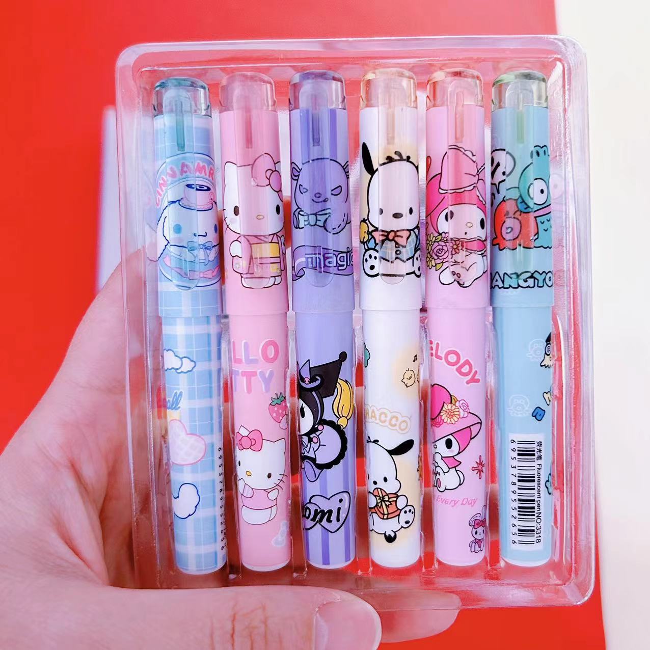 Marcadores de texto Sanrio con diseño de mascotas, marcadores de texto Kuromi de alta calidad para estudiantes, marcadores de texto de gran capacidad, juego de 6.