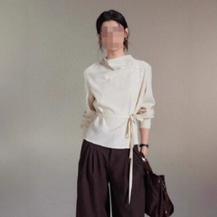 贰羊设计时宜简约不对称荡领斜门襟绑带收腰上衣女高级感衬衫