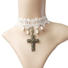欧美十字架珍珠项链宗教饰品新娘礼服婚纱配饰批发白色蕾丝项链