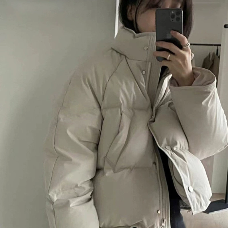 Однотонная куртка-пуховик с воротником-стойкой в корейском дизайнерском стиле, нишевая повседневная модель, утепленная, молочно-белая.