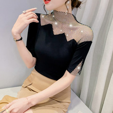 实拍2023年夏季镂空烫钻拼接半袖T恤网红时尚小衫修身显瘦女上衣