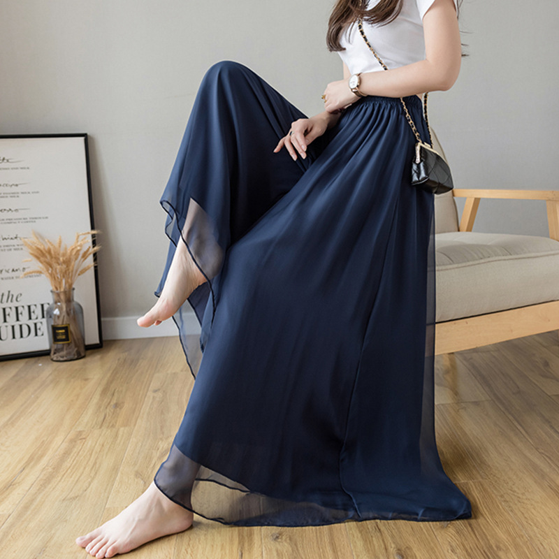 2024 Summer New Ice Silk Thin Chiffon Wide-leg Pants Women's High Waist Dape Nine-point Loose plus size Casual Culottes
