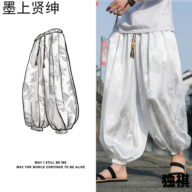 2023 pantalones casuales de verano para hombres, pantalones de seda de hielo, pantalones cortos de flores oscuras con patrón de dragón, bombachos sueltos, pantalones de playa, pantalones anchos