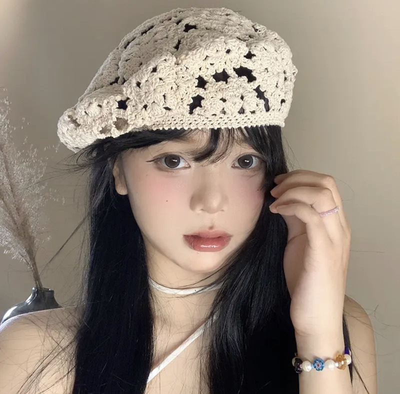 春夏薄款手工编针织帽女镂空钩花毛线帽甜美文艺显脸小包头堆堆帽|undefined