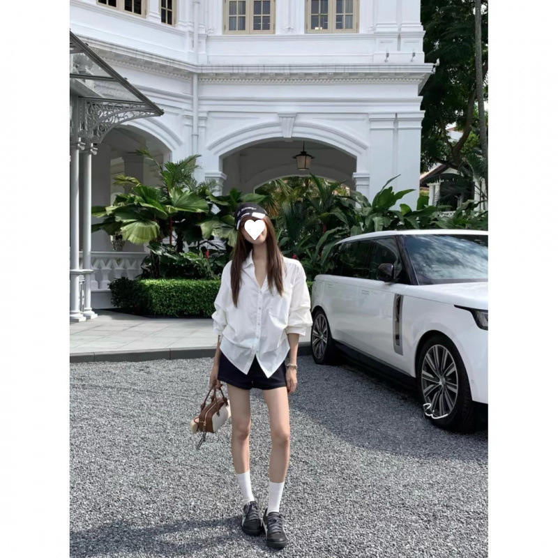 会凹造型的白衬衫秋季新款休闲百搭白色休闲翻领泡泡袖收腰衬衣|undefined