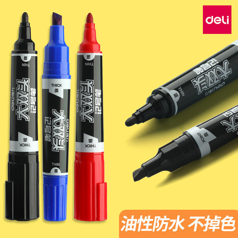 Deli S555 Large Double-headed Mark Pen Black Oily Large Double-headed Mark Pen Waterproof Gouline Pen Office Mark Pen