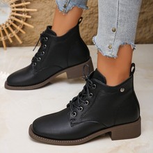 女士短靴2025秋冬季新款圆头系带粗跟大码时尚舒适马丁靴现货批发