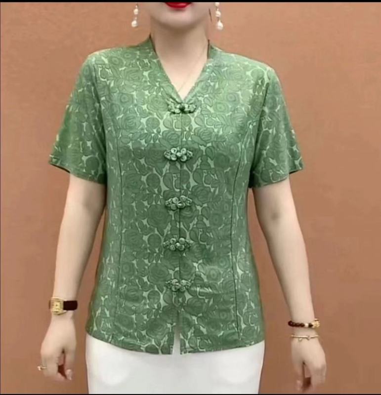 新しい中国風ママトップス婦人服夏 2025 新しい気質中高年女性のボタン付きレトロシャツ Tシャツ|undefined