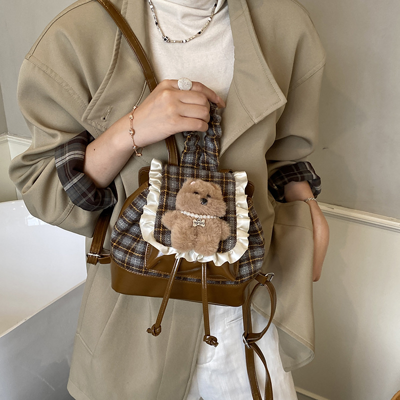2025 nueva simple mochila infantil a cuadros coreana encaje a cuadros lindo oso mochila bebé