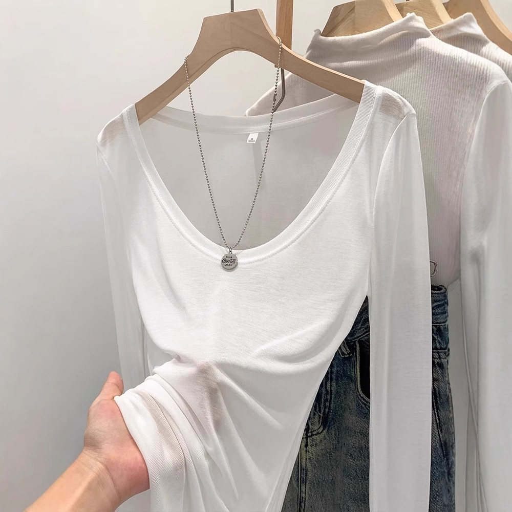 天丝薄款微透修身白色u领防晒打底罩衫T恤女春秋季大领口长袖上衣