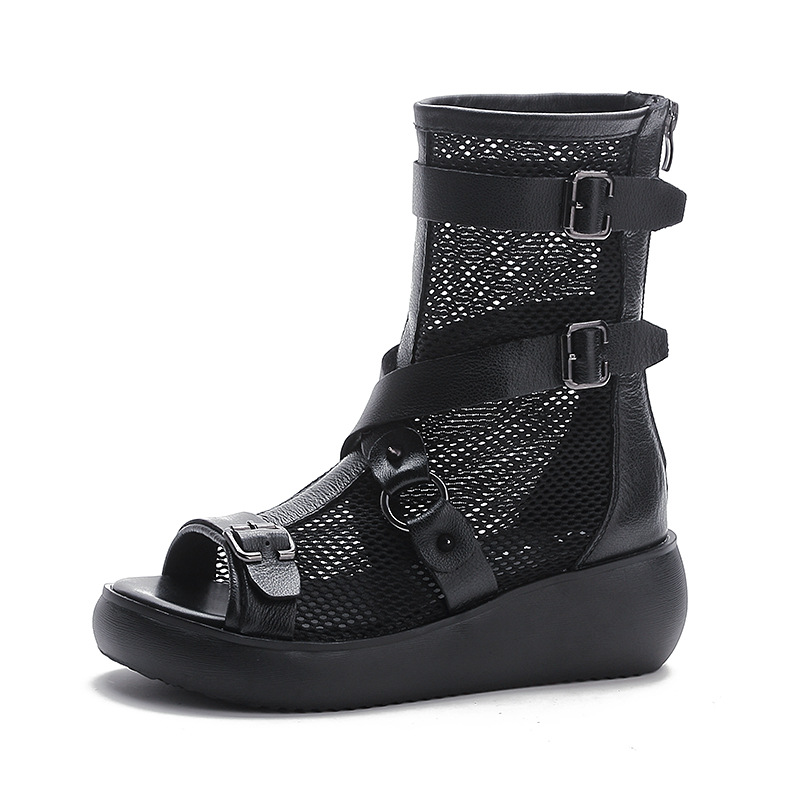 Giày sandal nữ da bò thật đế dày phong cách La Mã, mũi hở lưới thoáng — Màu đen