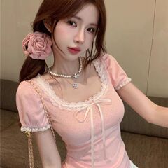 法式泡泡袖蝴蝶结短袖t恤女夏chic纯欲甜辣妹蕾丝U领独特绝美上衣