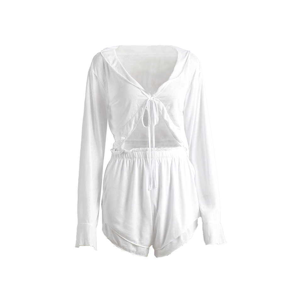Bộ đồ ngủ nữ áo cardigan thắt dây kèm quần short dệt kim mặc nhà thoải mái — Màu trắng, Màu đen
