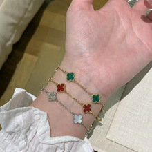 纯手工打造迷你六花四叶草手链厚镀18k金不掉色时尚红玛瑙链条手