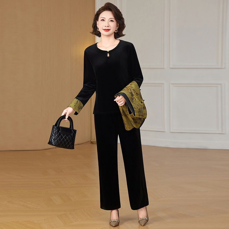 新中式妈妈秋装时尚金丝绒套装中老年女装春秋洋气国风上衣三件套|undefined