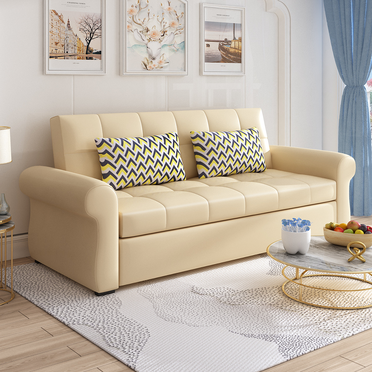 Sofá cama multifuncional verde claro pequeño tipo de casa de látex doble doble triple plegable sofá cama de cuero