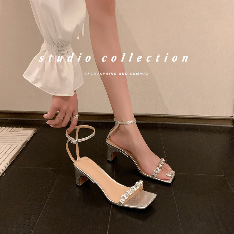 Sandal nữ quai ngang mũi vuông gót vuông đính đá rhinestone mùa hè 2025 — Màu đen, Màu trắng, Màu bạc chi tiết 18