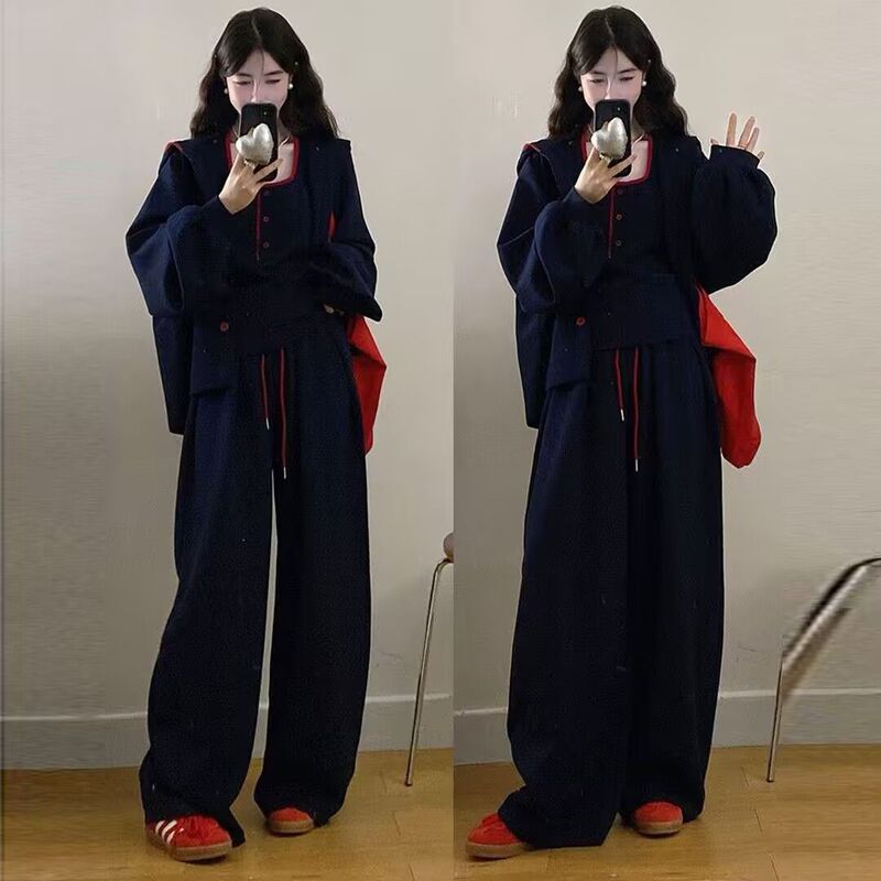 Plus-Size Sports Fashion Set: Winter Hooded Sweatshirt, Color-Block Vest, Casual Wide-Leg Pants Three-Piece Set Plus-Size Sports Fashion Set: Winter Hooded Sweatshirt, Color-Block Vest, Casual Wide-Leg Pants Three-Piece Set