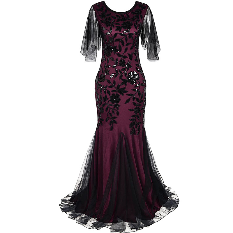 Vestido largo retro de los años 20 para mujer, estilo Gatsby, para fiesta de graduación, banquete, vestido de noche de manga corta, estilo europeo y americano GA166