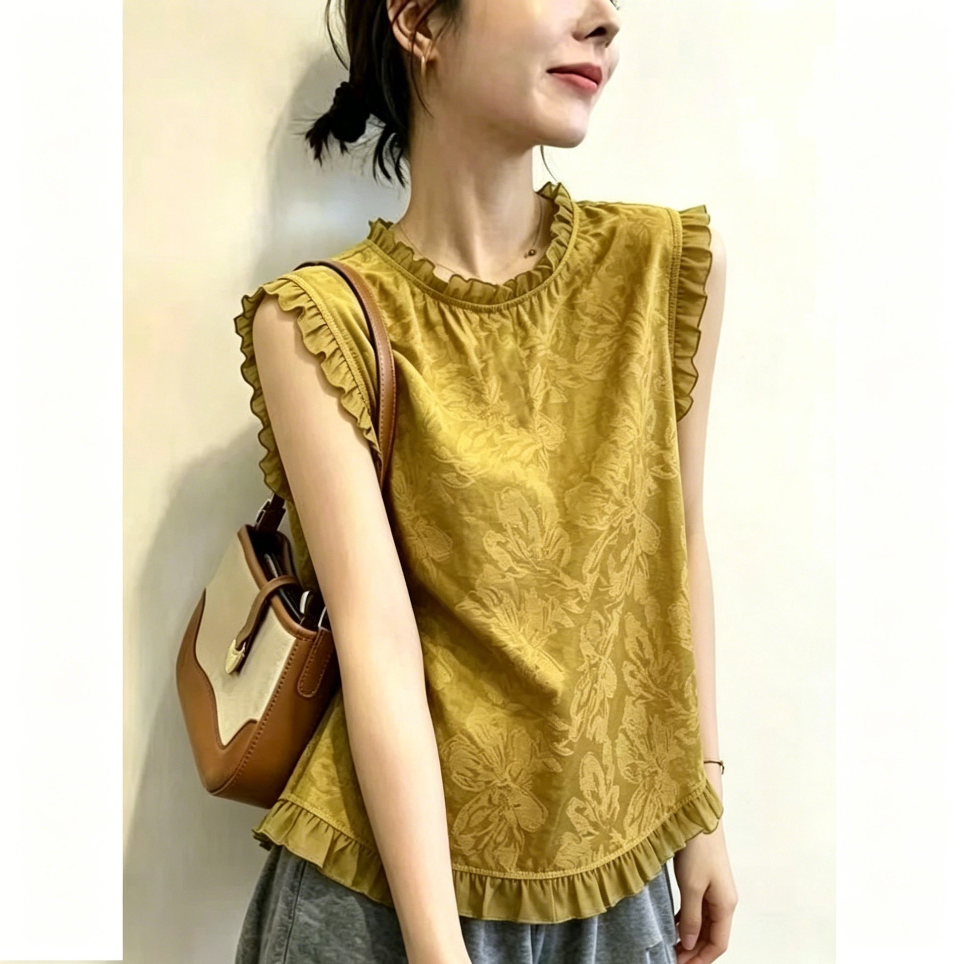 Áo sơ mi không tay viền mộc nhĩ Hàn Quốc phong cách trẻ trung — màu đen chi tiết 3