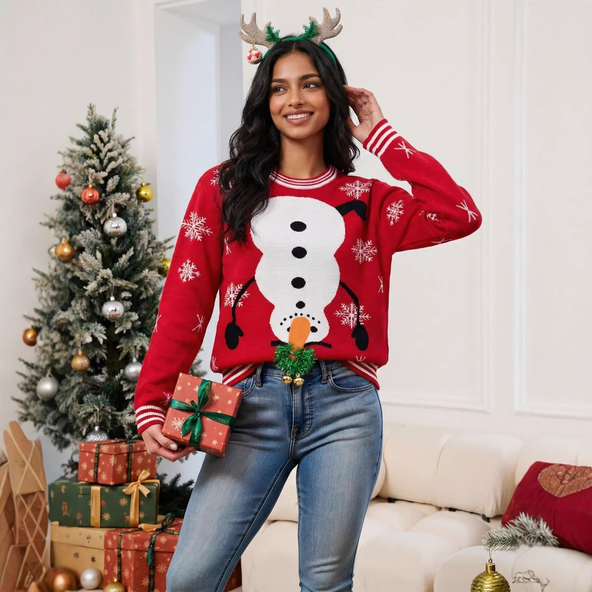 Christmas theme snowman knitted sweater three-dimensional bell bright silk stitching long-sleeved pullover sweater processing and customization