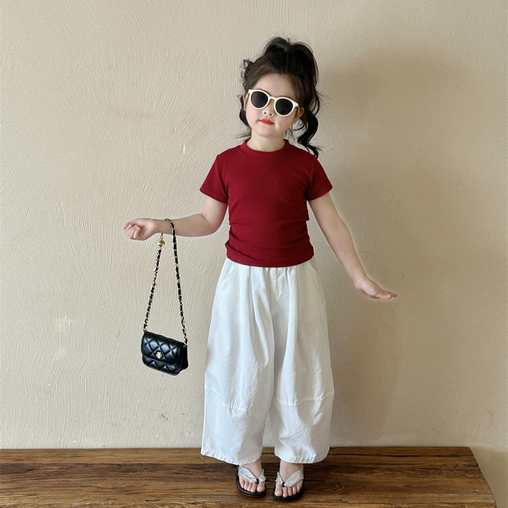 Girls' Outfit 2026 Summer New Korean Style Children's Tie-Up Ribbed T-Shirt and Wide-Leg Balloon Pants Toddler Two-Piece Set