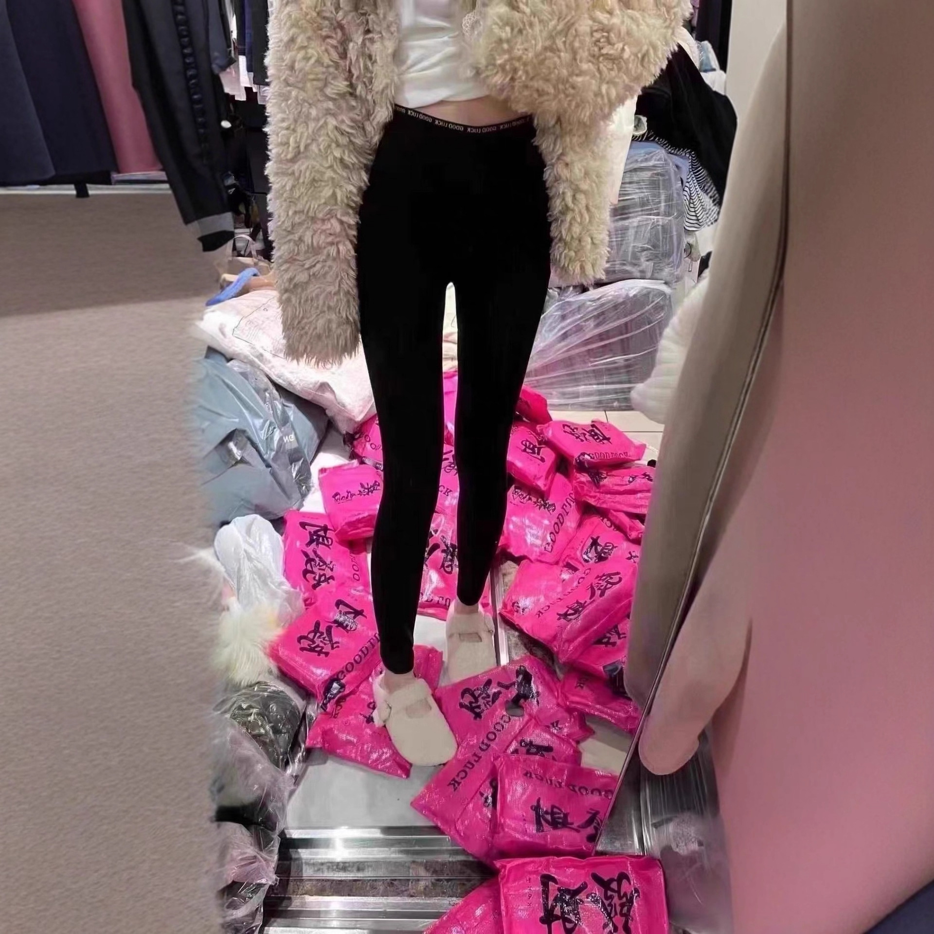 25928-158    发财裤新包装 无缝字母高腰弹力发财裤