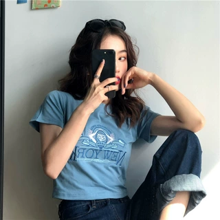 短袖t恤女2025夏季新款韩版网红超火泫雅风短款刺绣学生修身上衣