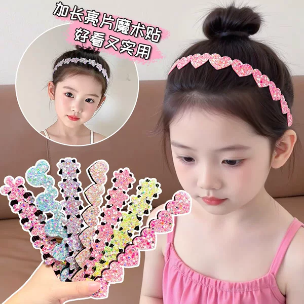 Children's Hair Clip with Sequins, Magic Tape, Extended Forehead Hairband, Hair Accessory for Girls That Doesn'T Damage Hair