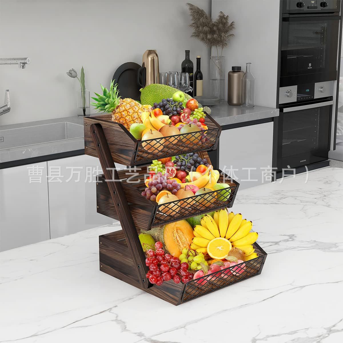 Wooden Multi-layer Storage Rack Kitchen Three-layer Storage Rack Desktop Fruit Basket Vegetable Wooden Carbonized Vegetable Storage Rack